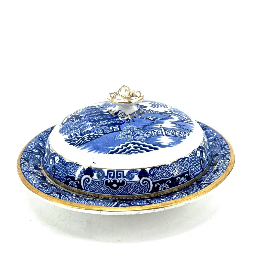 Antique Blue Willow Covered Butter Dish Chinoiserie Pagoda Gold TrimTransferware